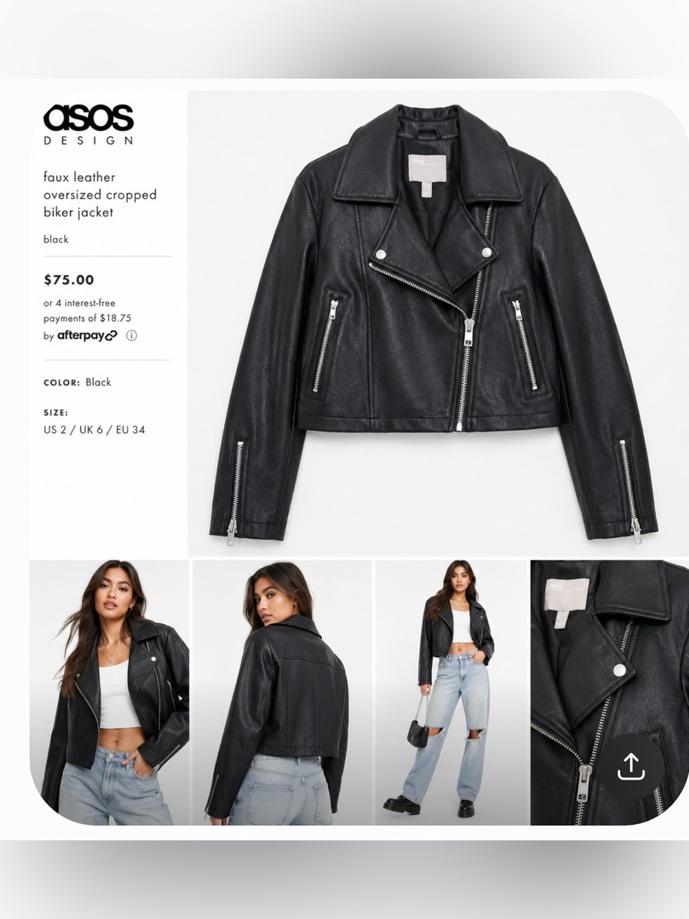 ASOS Black Faux Leather Moto Jacket with Silver Zippers